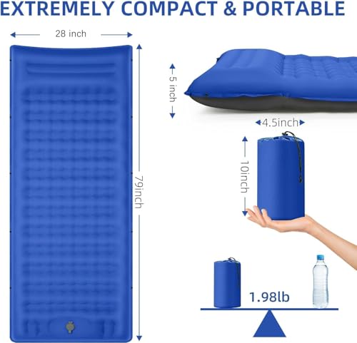 FNARMW Extra Thick Camping Sleeping Pad with Built-in Pillow & Foot Pump - color: Blue Grey