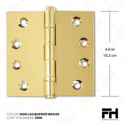 Solid Brass Door Hinge Heavy Duty Ball Bearing Polished Tarnish Aged Patina Gold 4x4 Inch - Set of 24 Hinges (Non Lacquered Brass) - color: Unlacquered Brass