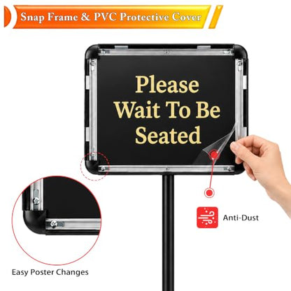 Please Wait To Be Seated Sign, 8.5 x 11 Inch Heavy Duty Sign Holder Stand with 8 Inserts and 8 Alphabet Stickers, Can DIY Sign Messages, Floor Standing Poster Stand with a Base for Yard Business Store Floor Indoor/Outdoor Signage&Advertising, Black