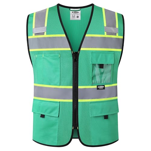 JKSafety Safety Vest for Men Women Hi Vis Relfective Vest with Pockets High Visibility Meet ANSI Standard - color: 331-green, size: Small
