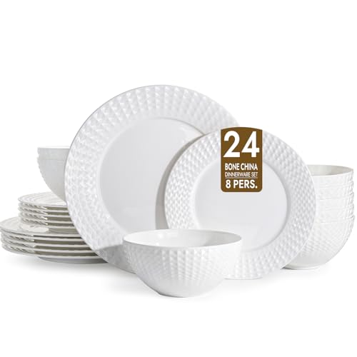 KINGSTONE 24Pc Rhombus Edge White Bone China Set, Service for 8 - color: White-Rhombus, size: service for 8-24pcs
