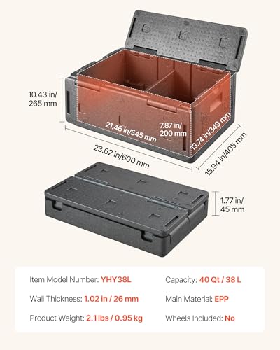 VEVOR Collapsible Insulated Food Warmer, 40 Qt Non-Electrical Thermal Carrier, Lightweight and High-Rigidity EPP Hot Box, for Delivery, Transport, Catering BBQ Event, Keeps Warm/Cold 4 Hours (Gray) - size: 40QT