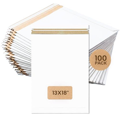 Tape Logic 13 x 18' Stayflats Brand Rigid Flat Mailers, White (Pack of 100) Photo Document Mailers, Peel & Seal Closure, Tear Strip Easy Opening.
