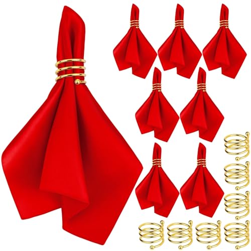 MCEAST Satin Cloth Napkins and Napkin Rings Set of 8, Smooth Fabric Table Napkins and Napkin Holder for Wedding, Birthday Dinner Party, Family Gatherings, Table Decor (Red, 17 x 17 Inches) - color: Red