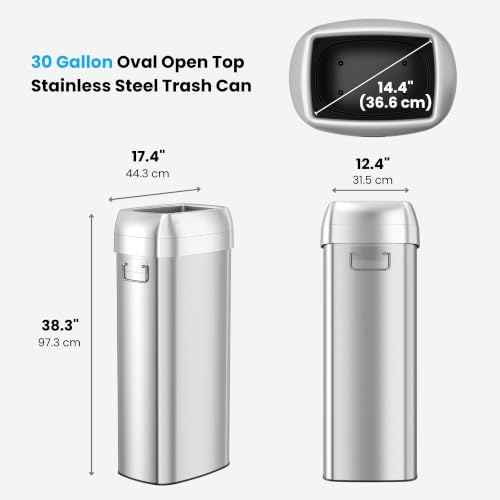 iTouchless 30G Commercial Trash Can with Wheels | Open Top Stainless Steel - color: Silver, 30 Gal