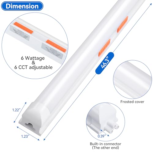 6-Pack LED shop lights 4ft, 3000k-6500k CCT adjustable,15W-40W adjustable Linkable shop lights frosted cover, 5,600LM T8 Integrated tube, Plug and Play LED ceiling lights for Garage,Workshop,basement