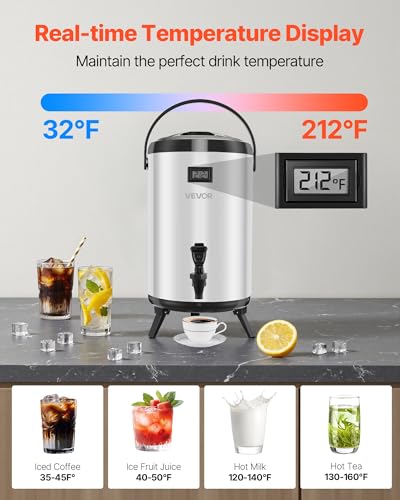 VEVOR Insulated Beverage Dispenser, 3.2 Gal/12L Stainless Steel Thermal Drink Server with Spigot & Temp Display, Suitable for Hot and Cold Drinks, for Tea Coffee Water in Cafes & Restaurants, Silver - size: 3.2 Gal (1 Pack)