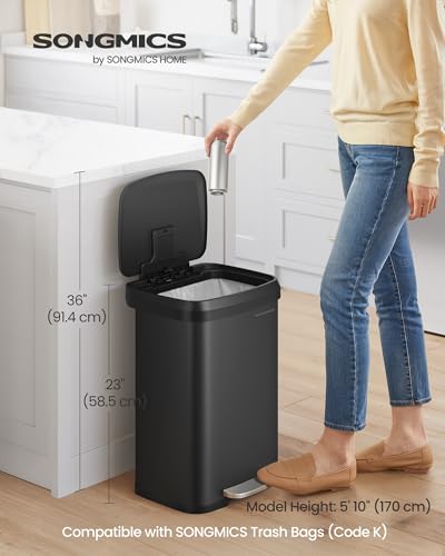 SONGMICS Kitchen Trash Can, 13-Gallon (50 L) Stainless Steel, Soft Closure - color: Black, style: 13 Gallons