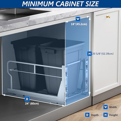 Insputer Dual 40QT Pull Out Trash Can Under Cabinet with Soft-Close Slides - color: Silver, size: Double-10Gal