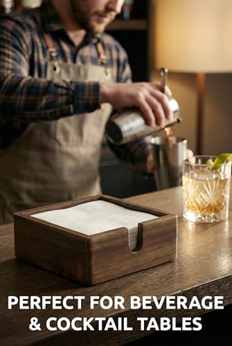 DEMIGO Acacia Wood Cocktail Napkin Holder 5.4 in, Square Bar Napkin Tray - size: 5.4x5.4x1.5 Inch Cocktail Napkin Holder