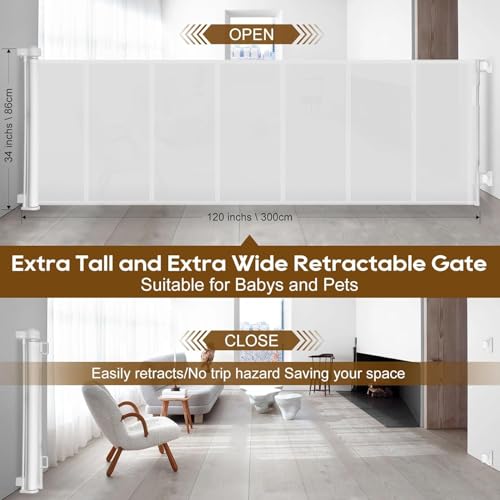 Miumoon 100 inch Reinforced Retractable Baby Gates 34 inch Tall - color: White, size: 34" Tall x 100" Wide