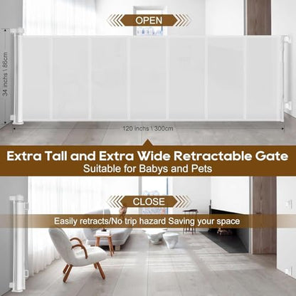 Miumoon 100 inch Reinforced Retractable Baby Gates 34 inch Tall - color: White, size: 34" Tall x 100" Wide