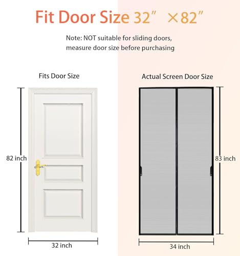 FEGO Magnetic Screen Door Fit Door Size:32"x82", Screen Itself Size 34"x83", Enjoy Breeze, Hands Free Entry, Reinforced Fiberglass Mesh Anti-Tearing, Pet & Kid Friendly, Strong Magnets for Patio/Front - color: Black, size: Screen Fit Door 32" x 82"