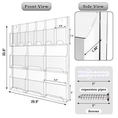 Acrylic Brochure Pamphlet Holder, 6 Magazine Holders and 6 Pamphlet Holders, Clear Brochure Display Stand Wall Mount, Trifold Flyer Rack, Literature Storage Rack for Home, Offices, Waiting Room