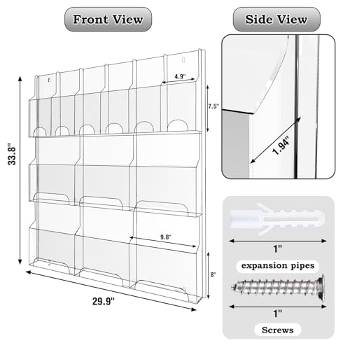 Acrylic Brochure Pamphlet Holder, 6 Magazine Holders and 6 Pamphlet Holders, Clear Brochure Display Stand Wall Mount, Trifold Flyer Rack, Literature Storage Rack for Home, Offices, Waiting Room