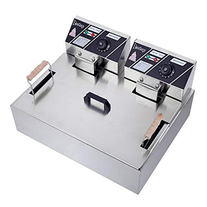 23.26QT 5000W Large Electric Deep Fryer with Baskets & Lids,Stainless Steel Commercial Fryer,Adjustable Temperature,Easy Clean,Countertop Kitchen Frying Machine,French Fries Donuts