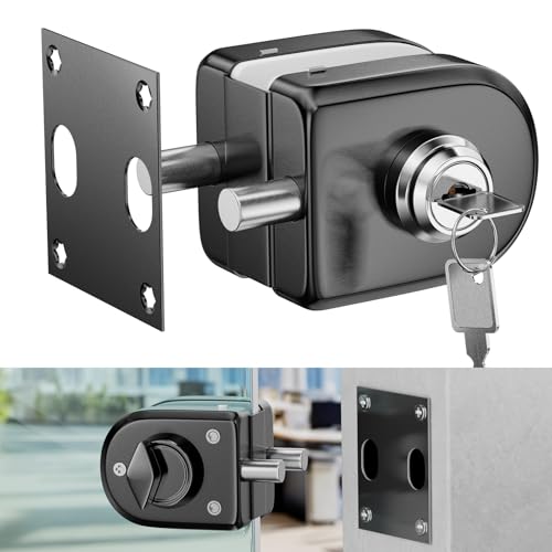 Ranbo No-Drill Glass Door Lock with Key, Lock to Wall or Floor, Dual-Bolt - color: LE-30A Brushed Black