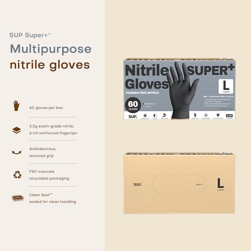 SUPER+ Black Nitrile Gloves HEAVY DUTY 6 Mil Disposable Chemical Resistant Powder & Latex Free Medical Food Safe, 60/600 Ct - color: Large (Black 600)