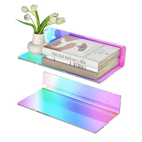 Sezanrpt 12 Inches Iridescent Acrylic Wall Shelves Set of 2, Wall Mounted Shelf for Funko Pop Shelves, Smart Speaker, Plants, Picture Frame, Digital Clock, 2 Pack - color: Iridescent, size: 12 Inch