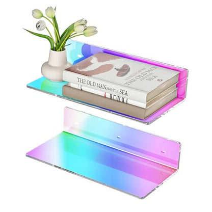 Sezanrpt 12 Inches Iridescent Acrylic Wall Shelves Set of 2, Wall Mounted Shelf for Funko Pop Shelves, Smart Speaker, Plants, Picture Frame, Digital Clock, 2 Pack - color: Iridescent, size: 12 Inch