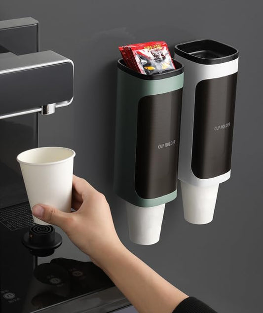 Wall Mounted Cup Dispenser, No Drill Adhesive Cup Holder with Dust Cover for 3oz-5oz Disposable Paper & Plastic Cups, Water Cooler Cup Organizer for Bathroom Kitchen Office Gym Hospital