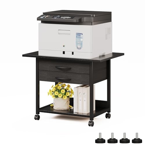 VENNQD Large Printer Stand with Storage Fabric Drawer Under Desk Printer Table with Wheels for Home Office, Printer Cart fit Fax Machine Scanner 23.4"x15.7" (Black, 2 Tiers) - color: Black, size: 2 Tiers