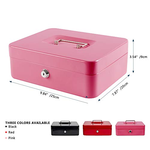 KYODOLED Large Metal Cash Box with Money Tray and Lock,Money Box with Cash Tray,Cash Drawer,9.84"x 7.87"x 3.54" Pink Large - color: Pink, size: Large