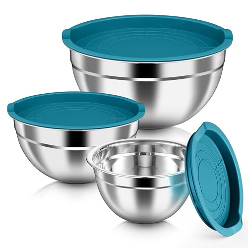 HaWare Mixing Bowls with Airtight Lids, 6-Piece Stainless Steel Salad Bowls - color: Teal Blue, size: Airtight Lids