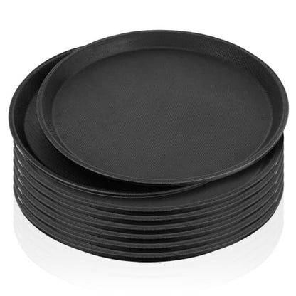 8 Pieces 11 Inch Black Round Plastic Serving Trays, Non Slip Surface Restaurant Serving Trays with Raised Edges, Food Drink Meals Server Tray for Home Kitchen Cafeteria Bar Hotel
