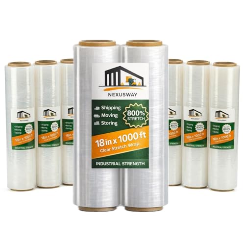 NEXUSWAY 18'' Stretch Film Wrap for Moving - Stretch Film Pallet Wrap Roll Heavy Duty 1000 feet 80 Gauge Industrial Strength up to 800% Stretch 20 Microns for Shipping Moving Furniture (Pack of 8) - style: Pack of 8