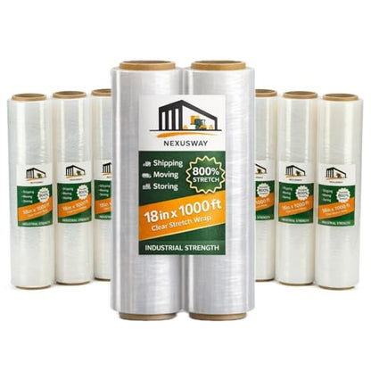 NEXUSWAY 18'' Stretch Film Wrap for Moving - Stretch Film Pallet Wrap Roll Heavy Duty 1000 feet 80 Gauge Industrial Strength up to 800% Stretch 20 Microns for Shipping Moving Furniture (Pack of 8) - style: Pack of 8
