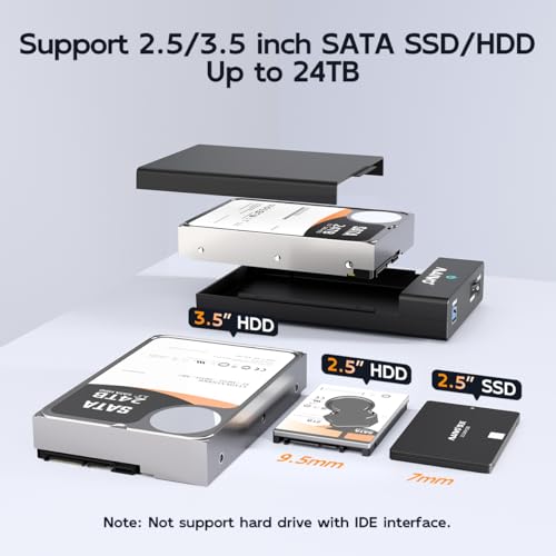 MAIWO External Hard Drive Enclosure for 3.5 2.5 Inch SATA HDD SSD, USB 3.0 to SATA Converter Case Reader with 12V 2A Power Adapter, Tool-Free, Support 24TB HDD & UASP
