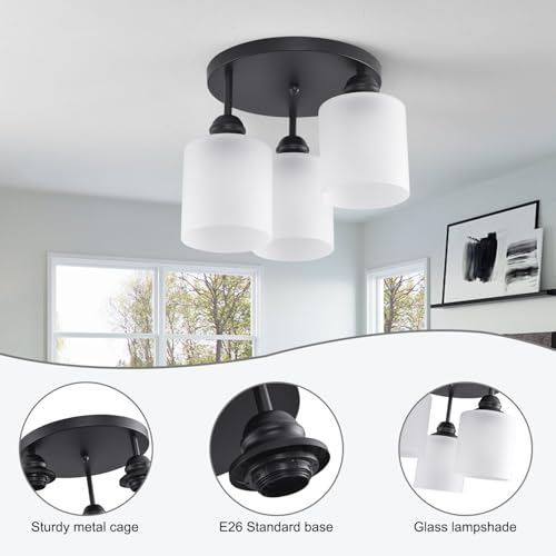 Semi Flush Mount Ceiling Light with Clear Glass Shades,3-Lights Industrial Semi Flush Mount Ceiling Light, 3-Light Industrial Black Light Fixtures Ceiling Mount for Kitchen Living Room Foyer - color: 3-Lights Milk Glass, size: 1 Pack