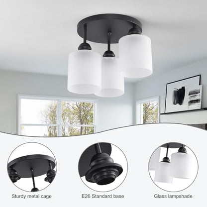 Semi Flush Mount Ceiling Light with Clear Glass Shades,3-Lights Industrial Semi Flush Mount Ceiling Light, 3-Light Industrial Black Light Fixtures Ceiling Mount for Kitchen Living Room Foyer - color: 3-Lights Milk Glass, size: 1 Pack