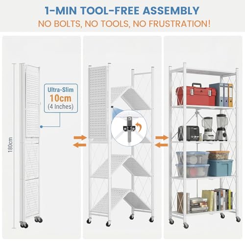 ALANNG 70.7" H Metal Storage Shelves, 5 Tier Folding Shelf on Wheels - color: White