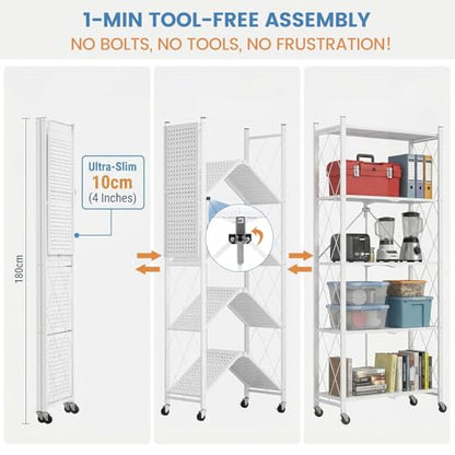 ALANNG 70.7" H Metal Storage Shelves, 5 Tier Folding Shelf on Wheels - color: White