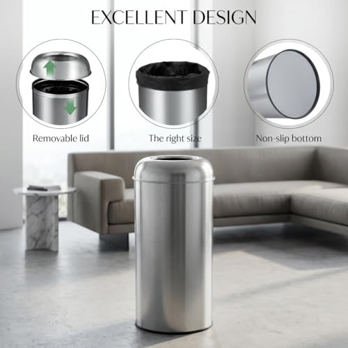 IDEALHOUSE Commercial Trash Can, Commercial Dome Lid Kitchen Trash can Round, Open Top Drop-in Trash can Kitchen Fast Disposal, Smudge Resistant Stainless Garbage can Easy Wipe, Silver TC03