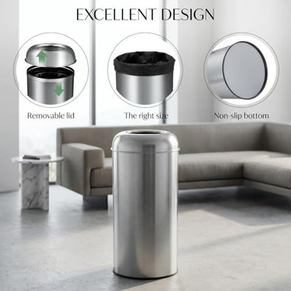 IDEALHOUSE Commercial Trash Can, Commercial Dome Lid Kitchen Trash can Round, Open Top Drop-in Trash can Kitchen Fast Disposal, Smudge Resistant Stainless Garbage can Easy Wipe, Silver TC03