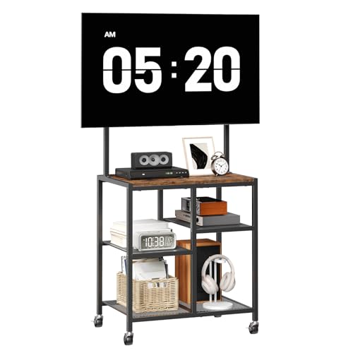 HOOBRO Small TV Stand with Wheels and Mount for 50 Inch TVs, Mobile Rolling TV Stand with Storage Shelves, Small Entertainment Center, for Living Room, Bedroom, Study, Rustic Brown BF37DS01 - color: Rustic Brown + Black