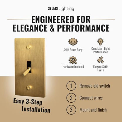 Select 1-Gang Solid Brass Toggle Switch, 3-Way Compatible with Faceplate - color: Satin Brass, size: 1 Gang, style: Toggle Switch