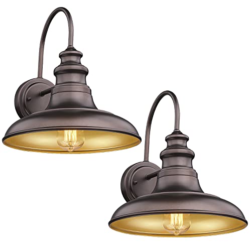 Outdoor Barn Light Fixture Farmhouse Wall Mount Light Wall Sconce Exterior Wall Lighting Fixture Industrial Bronze Finish Lantern for Porch with Gold Interior, 2Pack, RZ004-2PACK ORB - color: Oil-Rubbed Bronze, size: 12-RZ004-2PACK(Not Dusk to Dawn)