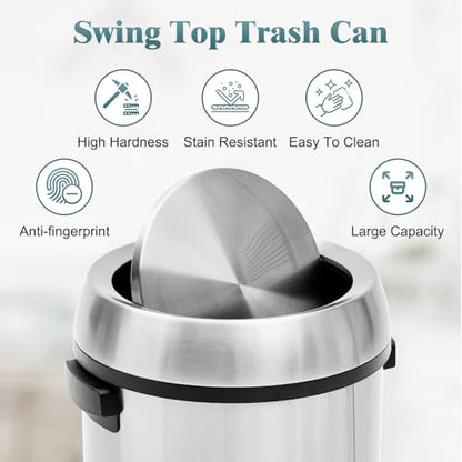 17 Gallon/65L Round Open Top Trash Can, Commercial Stainless Steel Garbage Bin, Heavy Duty Fingerprint & Rust Resistant Waste Container for Kitchen, Office, Restaurant,Flip-Top Trash Can,Silver - color: Silver swing lid