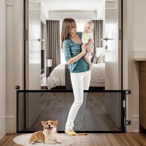 24" Tall Retractable Baby Gates to Step Over, Short Dog Gates Pet Gate for Puppies Small Dogs, 0-55" Wide Adjustable Mesh Baby Gate for Doorways and Stairs, Indoor/Outdoor Use, Black - color: Black, size: 24" Tall x 55" Wide