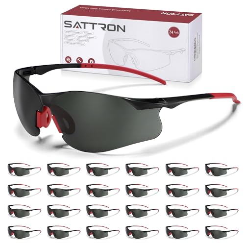Safety Glasses Tinted 24 Pack, Protective Eyewear for Men Women UV Protection ANSI Z87.1, Safety Sunglasses Bulk Scratch Impact Resistant Eye Protection with Nose Pads for Construction Work Smoke - color: Gray Lens/Red Temples, size: 24 Pack