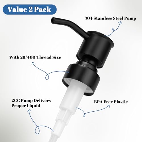 2 Pack Black 304 Stainless Steel Soap Dispenser Pump Replacement Standard 28/400 Thread for Regular Mouth Bottles Lotion Soap Dispenser for Kitchen Bathroom - color: Black