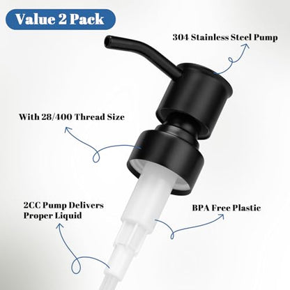 2 Pack Black 304 Stainless Steel Soap Dispenser Pump Replacement Standard 28/400 Thread for Regular Mouth Bottles Lotion Soap Dispenser for Kitchen Bathroom - color: Black