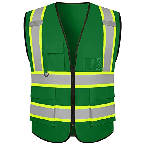 Safety Vest Customize Logo with 5 Pockets & Zipper Reflective High Visibility Vest Class 2 Outdoor Workwear - color: Green, size: Small