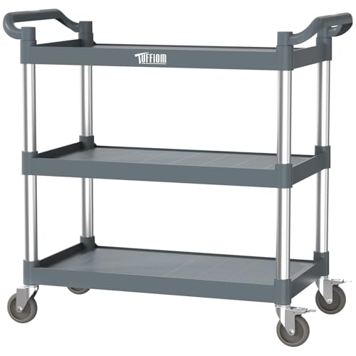 TUFFIOM Plastic Service Utility Cart with Wheels,Heavy Duty 450lbs Capacity, 3-Tier Commercial Rolling, Ideal for Restaurant, Foodservice, Office, Warehouse, Gray 39.8''L x 19.1''W x 38.4''H - size: Gray 39.8''L x 19.1''W x 38.4''H