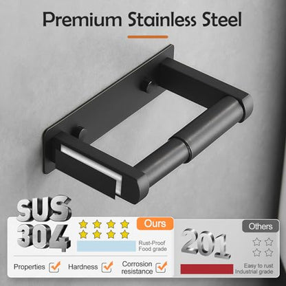 Pokim Matte Black Toilet Paper Holder,Self Adhesive or Screw Wall Mount 304 Stainless Steel Double Post Tissue Holder for Bathroom,Rustproof Heavy Duty Design - color: Matte Black