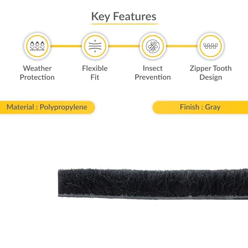 Brixwell Zipper Pile Weatherstrip - 100' Roll, 0.250" Pile Height, Zipper Weatherization Seal for Windows & Doors, Gray Finish, Weatherstrip Replacement, Door Weather Seal - style: 0.250" (6.3mm)